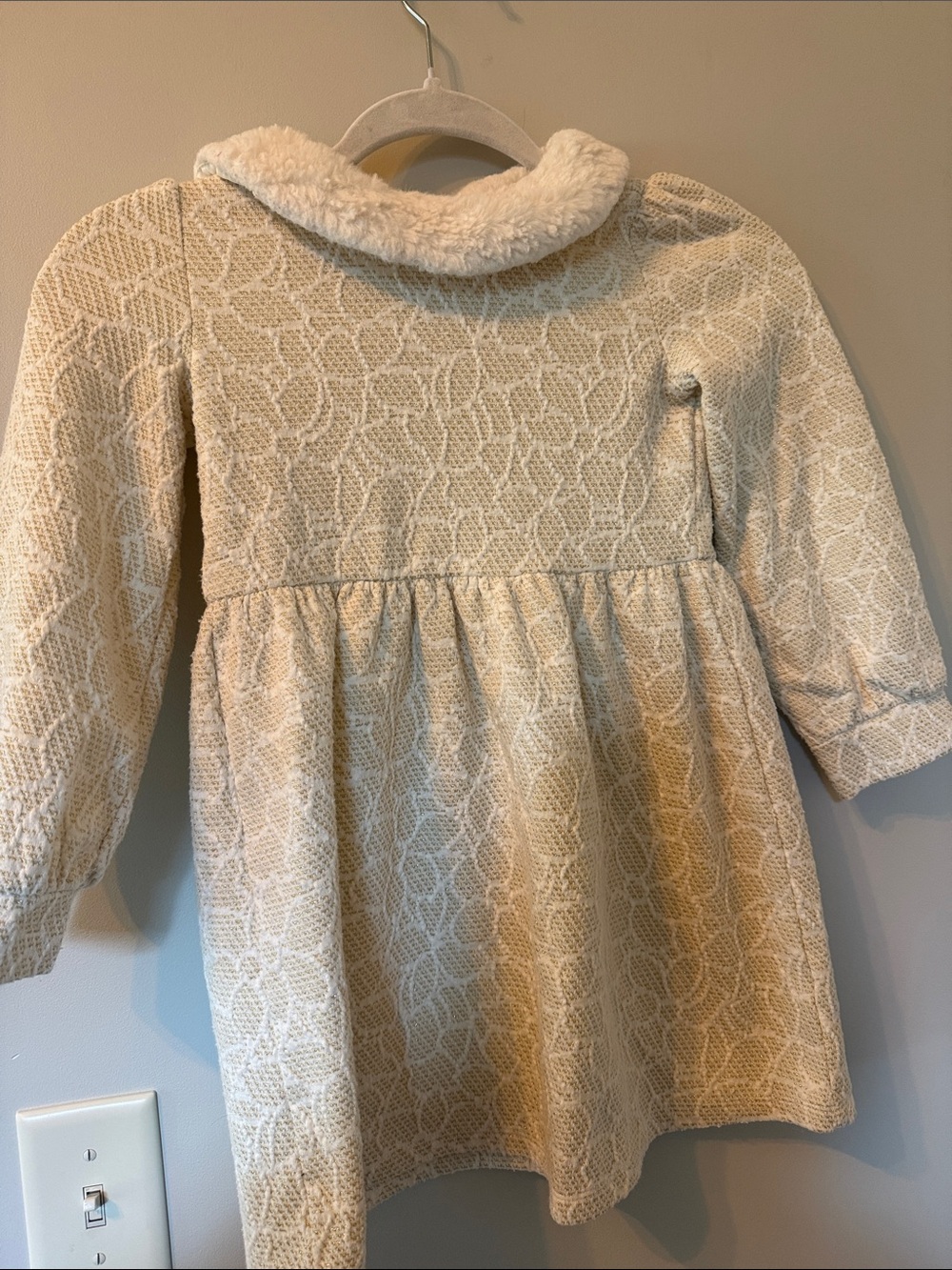 Janie and Jack Cream Textured Long-Sleeve Dress with Faux-Fur Collar